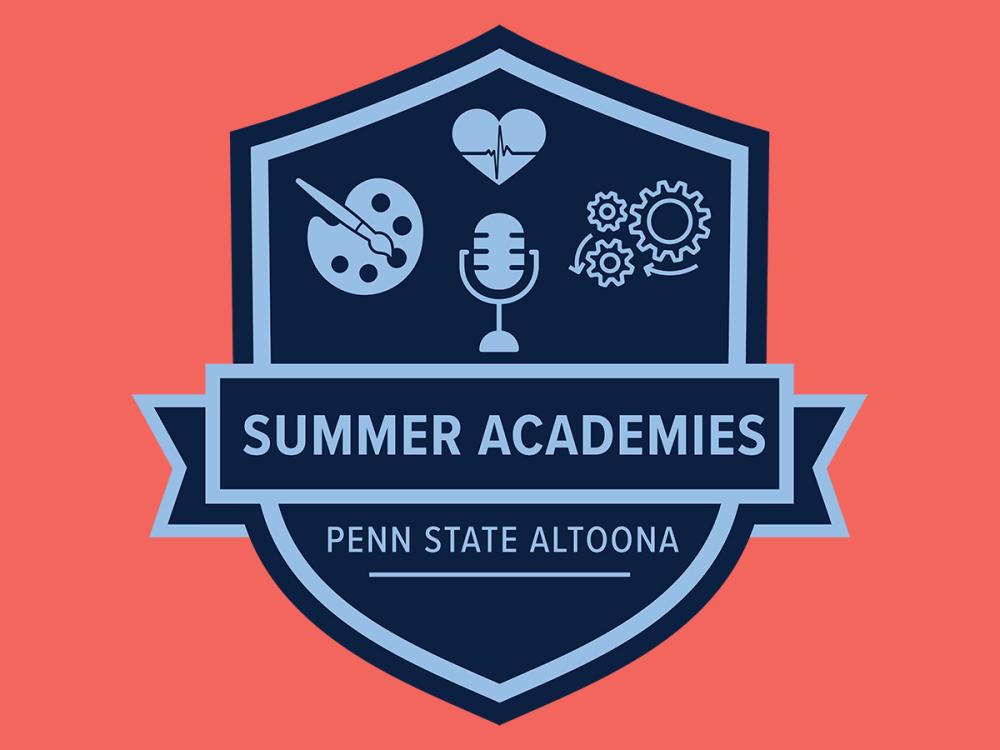 A graphic features a shield design with icons representing arts, health, communication, and engineering above the text Summer Academies and Penn State Altoona on a salmon-colored background.