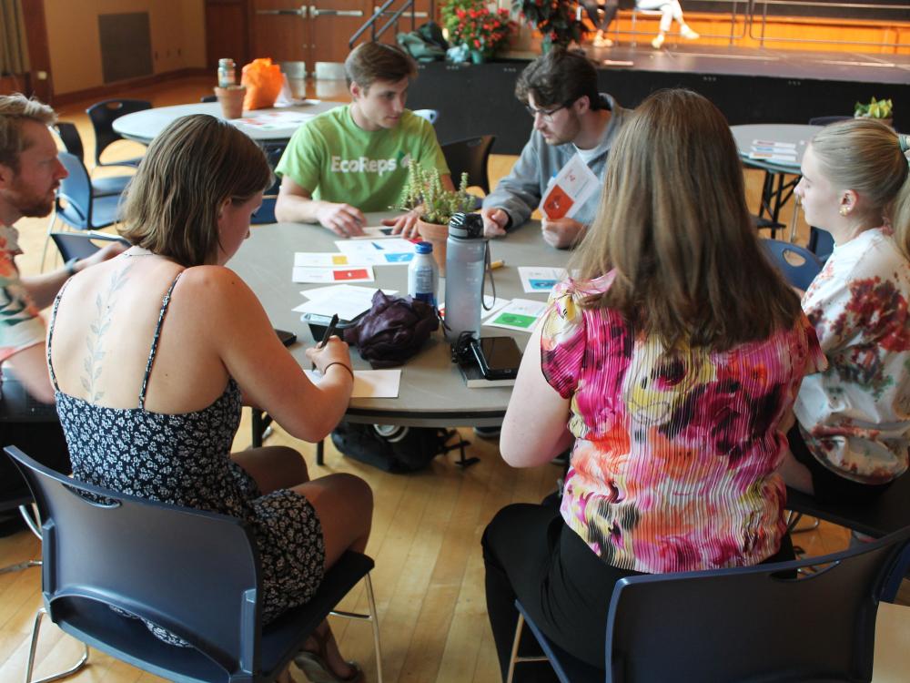 Five students sit around a table working on SDG responses and talking to each other during the 2025 Student Sustainability Summit.