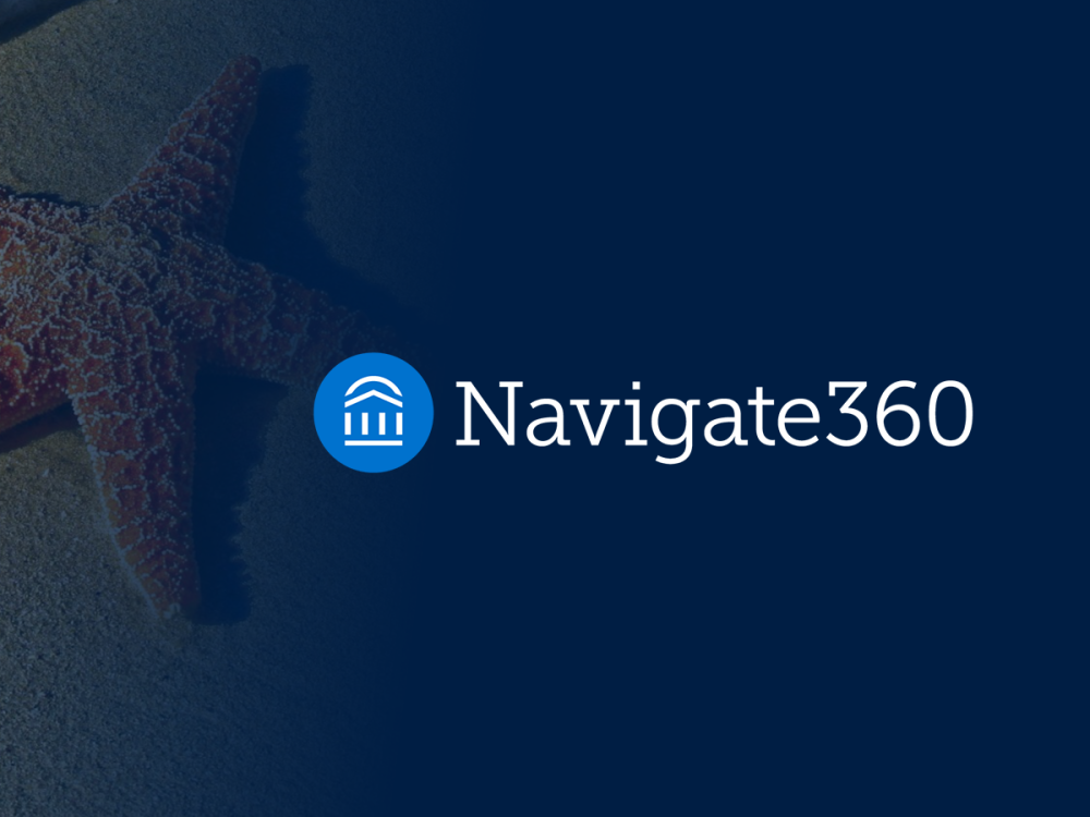 Image of a Starfish in the sand overlayed with a dark blue transition to the Navigate360 logo