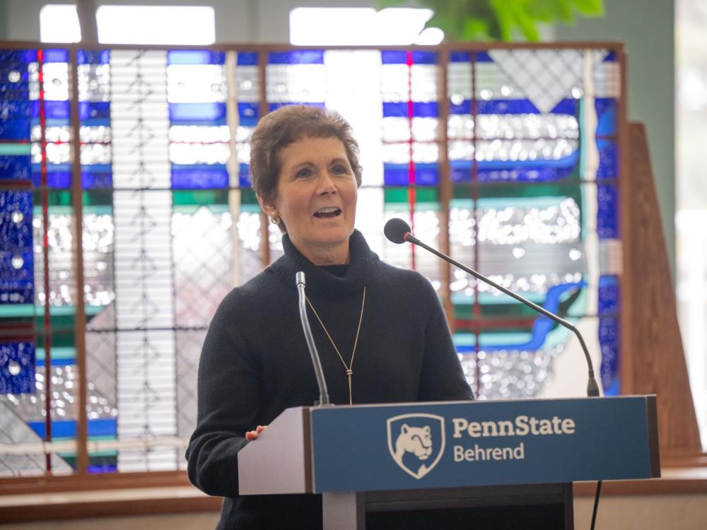 Jana Goodrich, president and CEO of Seaway Manufacturing, receives the Mary Behrend Impact Award.