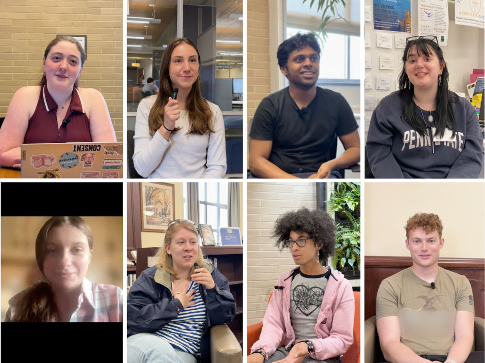 collage image of 8 smiling, seated student workers being interviewed