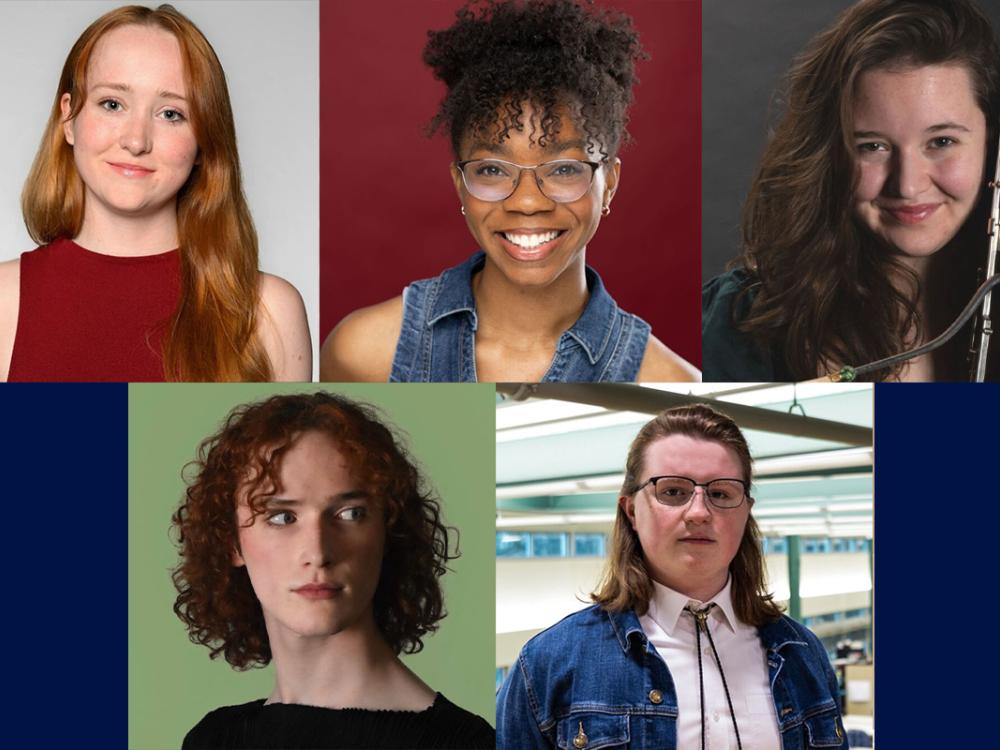 Head shots of five college aged students from left white girl with red hair, white girl with brown hair, white person with red hair, white man with brown hair  black girl with dark hair, 