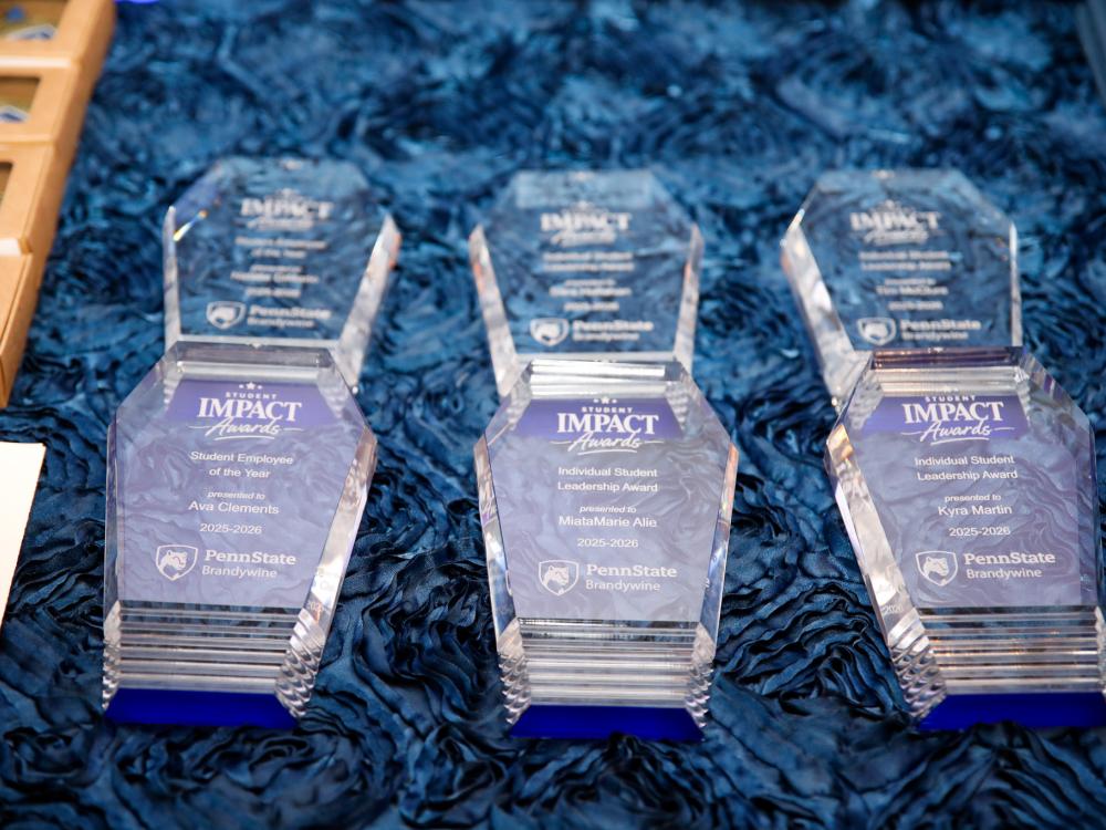 clear plaques for students on a blue tablecloth