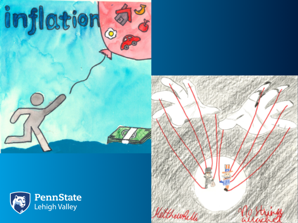 two art pieces, one drawing and one watercolor paint, from students enrolled in ECON 104