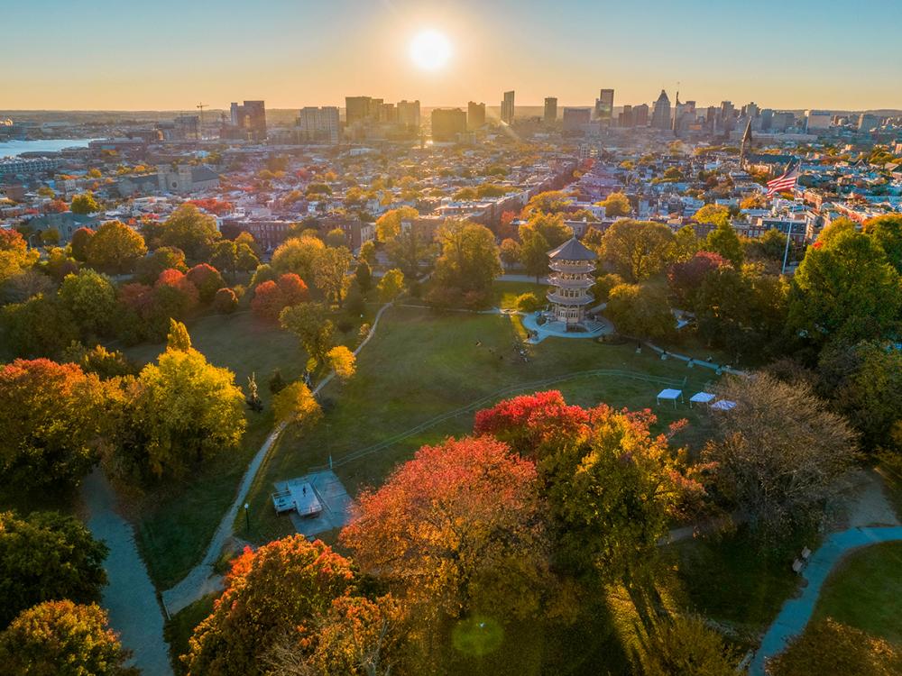 Large green park on the outskirts of a major city
