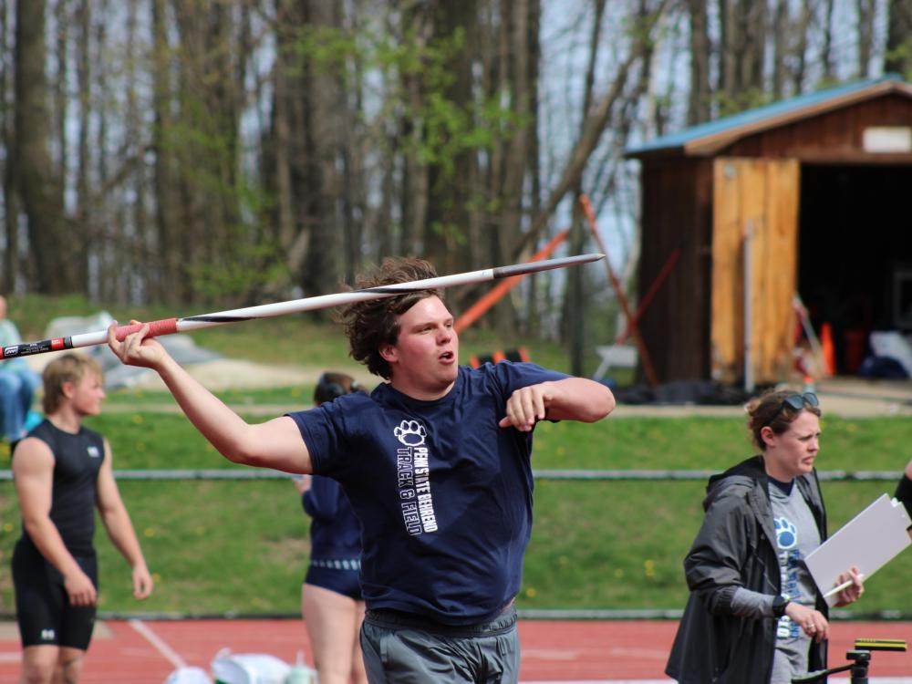 Penn State Behrend track-and-field athlete Charlie Motter throws the javelin,