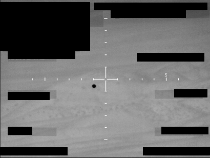 A black and white image of a lightly textured background with a central crosshair reticle. A dark, circular object is positioned at the center of the reticle.