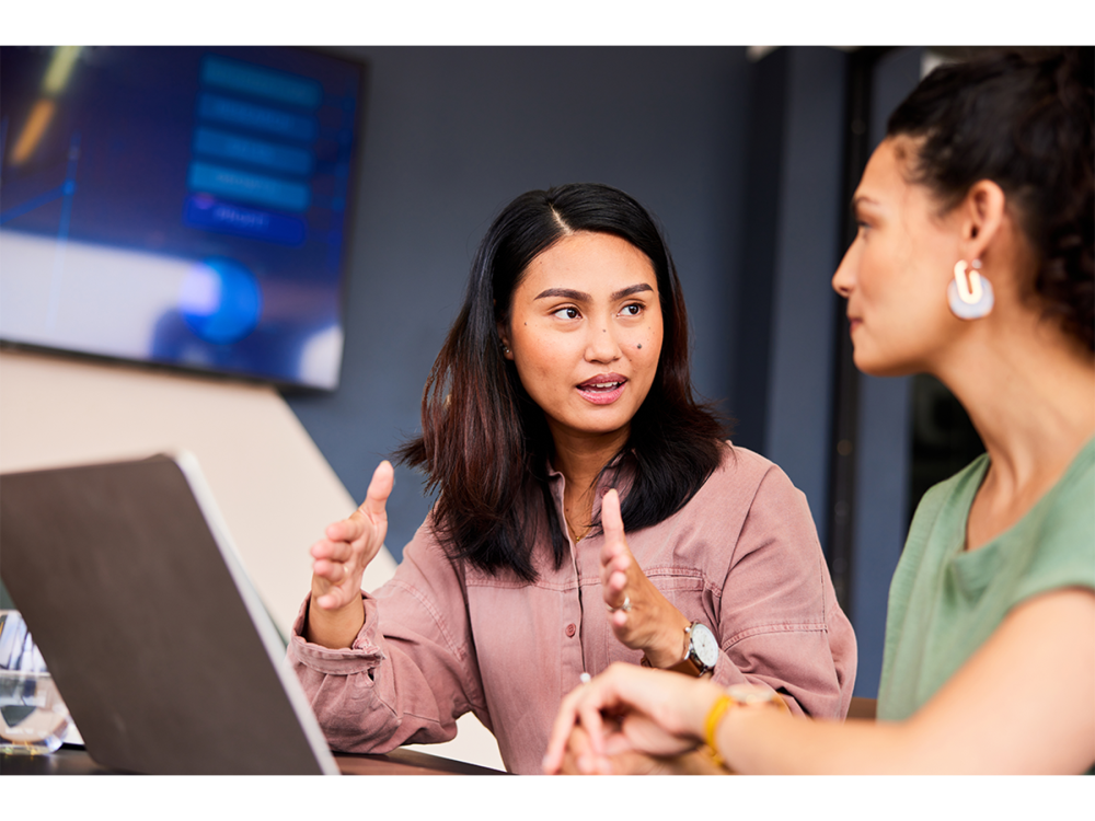 Person with laptop explaining and gesturing to colleague