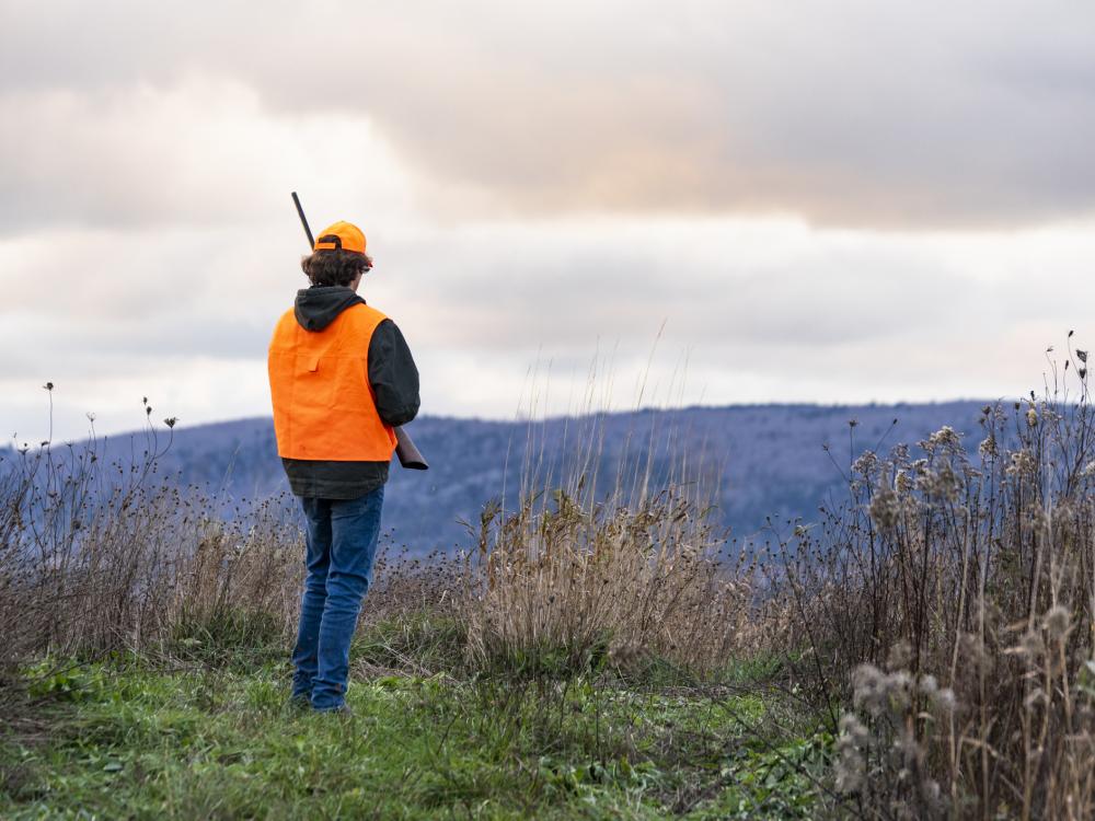 Hunter in an orange vest and hat looking over a valley