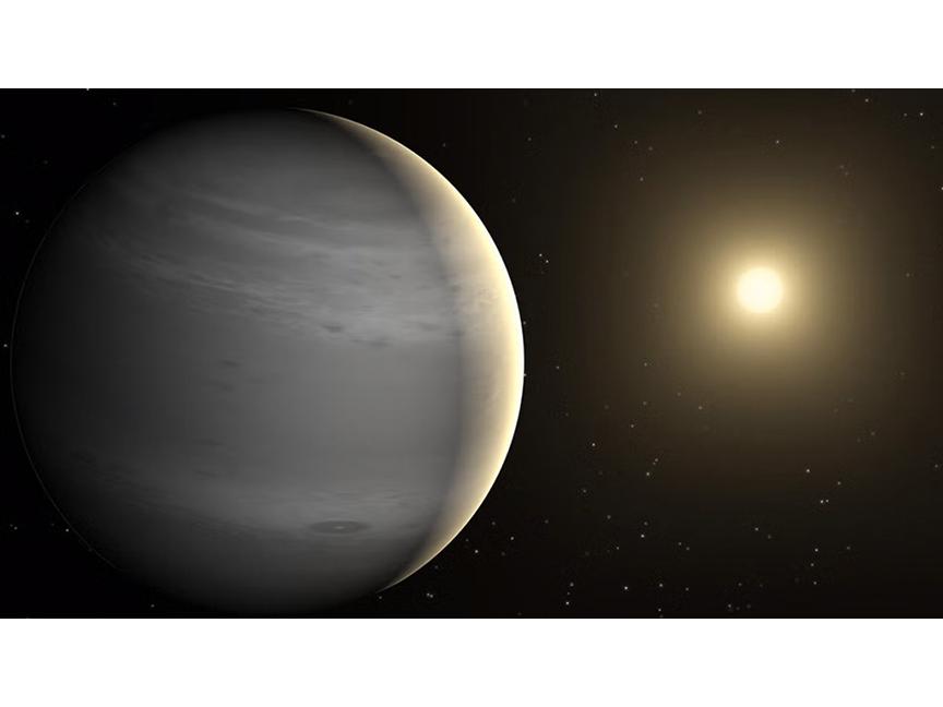 Grey planet with host star in background