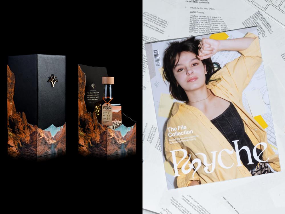 A split image showing sculptural packaging and a small bottle with a desert landscape design on the left, and a magazine cover titled “Psyche” featuring a person lying on papers on the right.