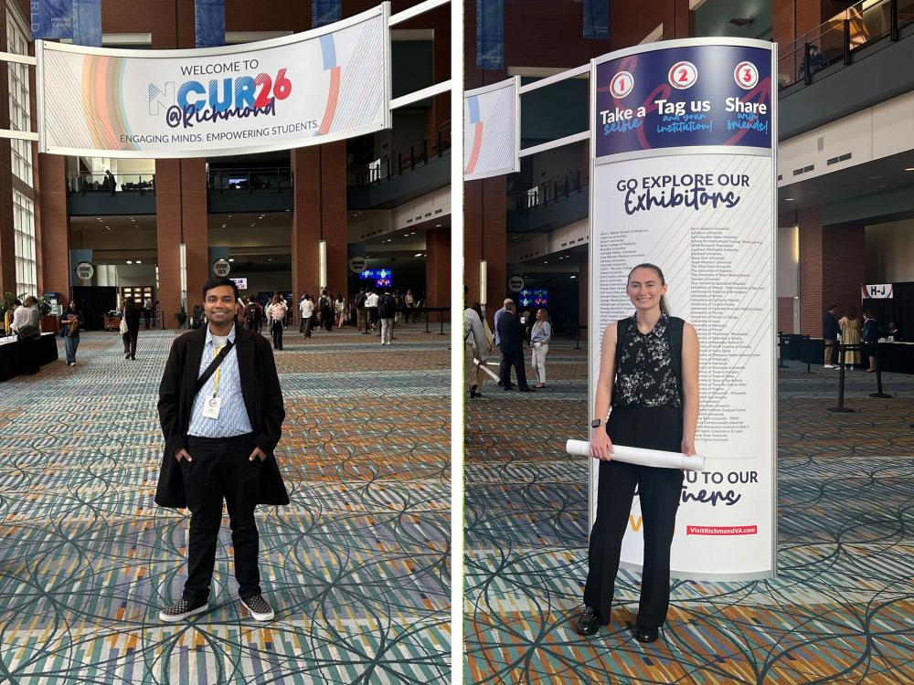 Side-by-side photos of individuals standing in front of conference signage