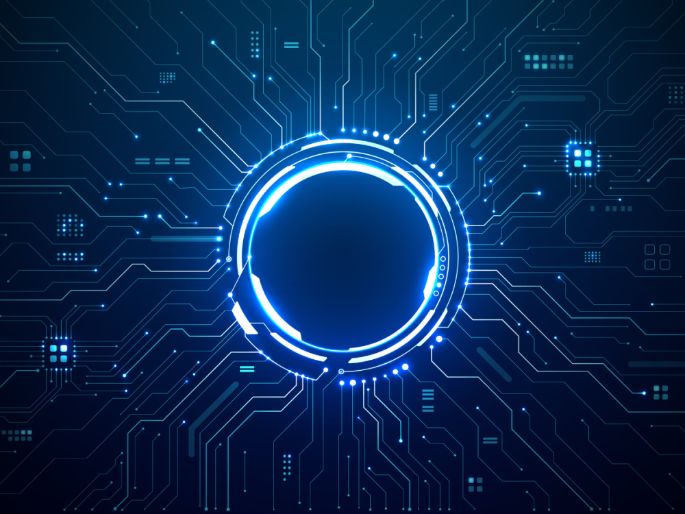Blue AI circuit circle with tech lines.