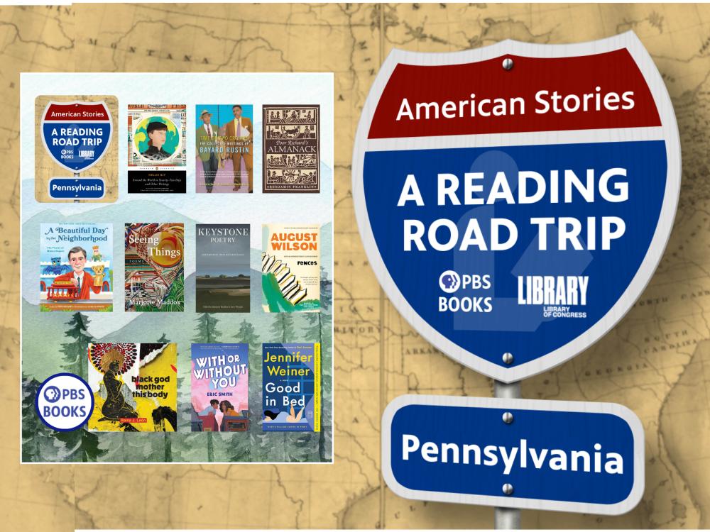 A Reading Road Trip road sign, blue and red with white lettering