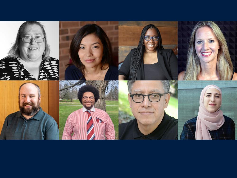Eight head shots of adults from left: a white woman with brown hair and glasses, an Asian woman with dark hair, a black woman with dark hair, a white woman with blonde hair, a white man with brown hair and a beard, a black man with dark hair and glasses, a Hispanic man with grey hair and glasses, a middle eastern woman with a head scarf 