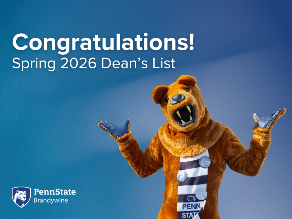 Congratulations! Spring 2026 Dean's List. Lion mascot with arms up. Penn State Brandywine logo.