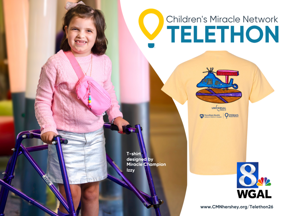 A photo of a young girl holding onto a walker and smiling is positioned next to a graphic that contains the Children’s Miracle Network Telethon logo, WGAL-TV8 logo and a photo of a T-shirt that the girl designed.