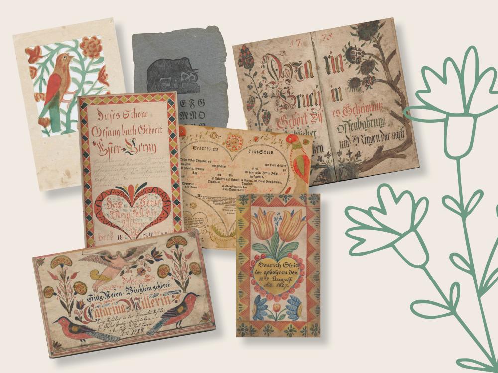 a selection of highly decorated calligraphic Fraktur and intricate Scherenschnitte ranging from the 18th century to the present, arranged on a neutral background
