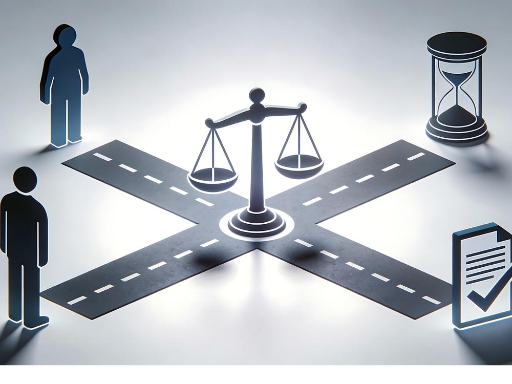 Illustration of a crossroads with four intersecting roads centered around a balance scale, symbolizing ethical decision-making. Two human figures stand near the crossroads, alongside an hourglass and a document icon, representing accountability, time pressure and organizational responsibility.