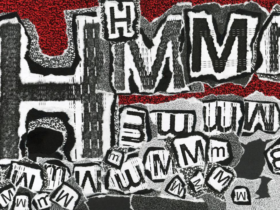 The word Hmmmmmmmmmmmmmm scrambled on a red background