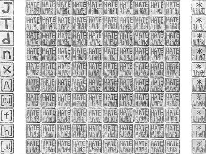 Black and white drawing of numerous square tiles in columns reading "hate alphabet"