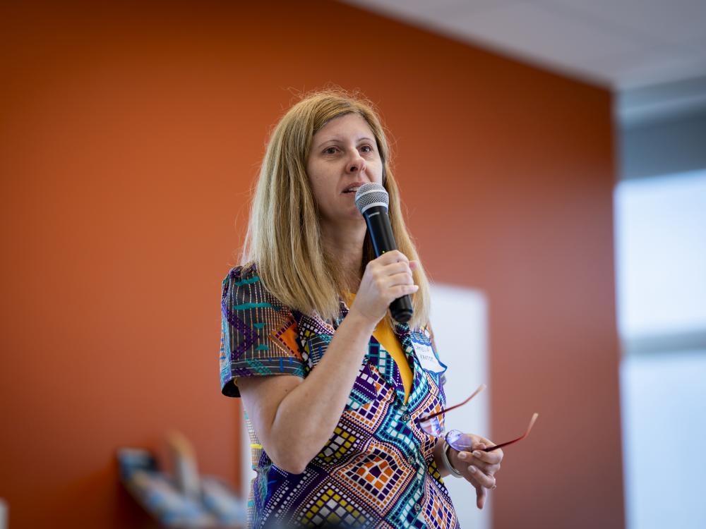 Research Professor Camelia Kantor, director for Strategic Initiatives at the Huck Institutes of the Life Sciences, speaks at the Penn State-Ghana Research Symposium on October 15, 2025