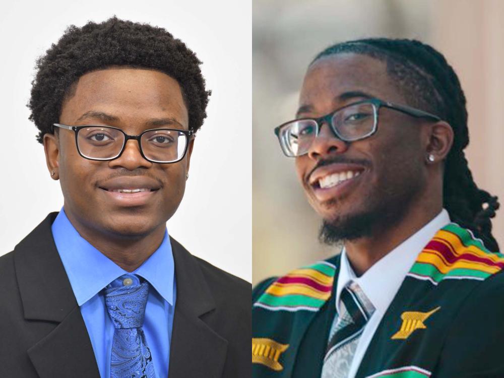 Two smiling students, one in suit and tie the other with a commencement gown.
