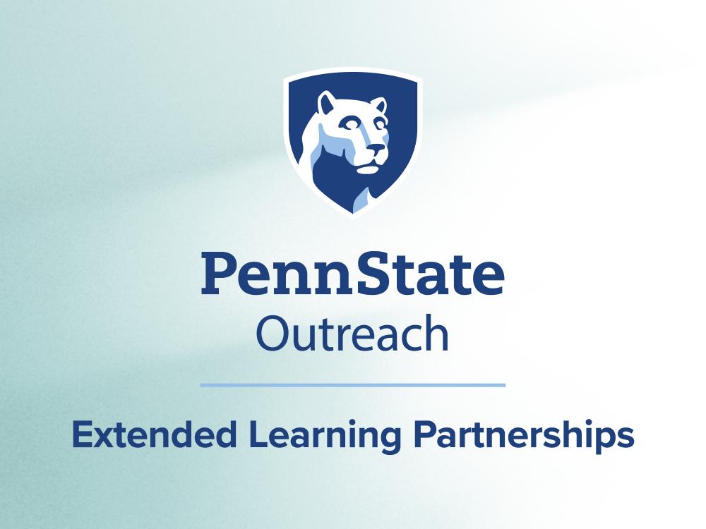 Blue word copy that reads Penn State Outreach Extended Learning Partnerships with Nittany Lion mark on a green background
