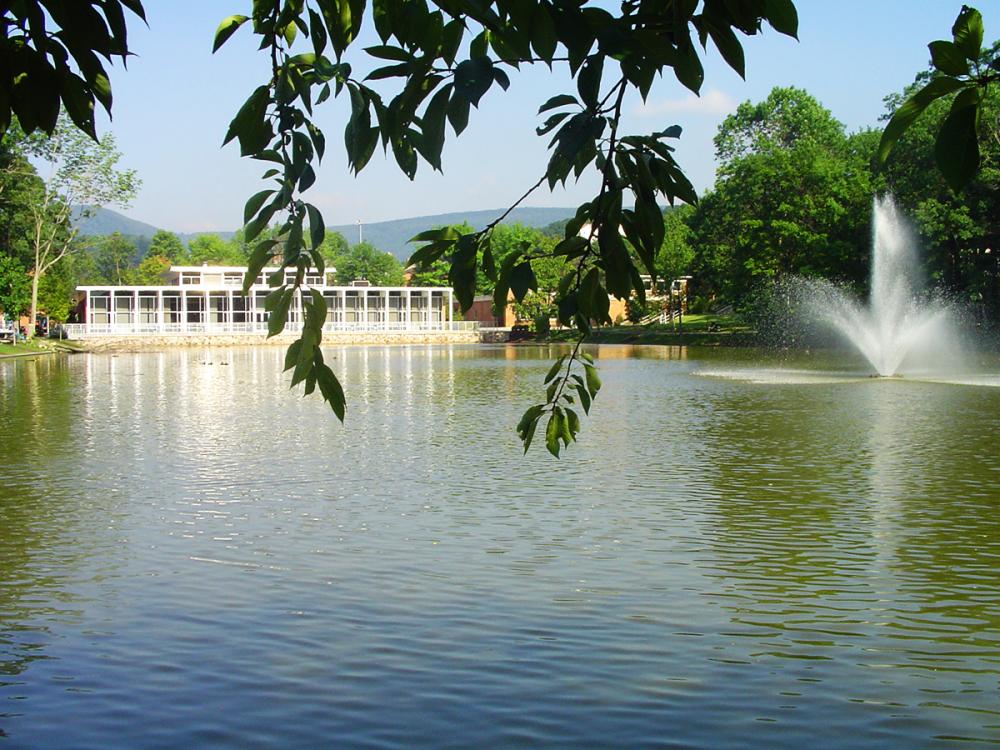 Slep Student Center sits across a pond with a fountain, framed by leafy branches and trees.