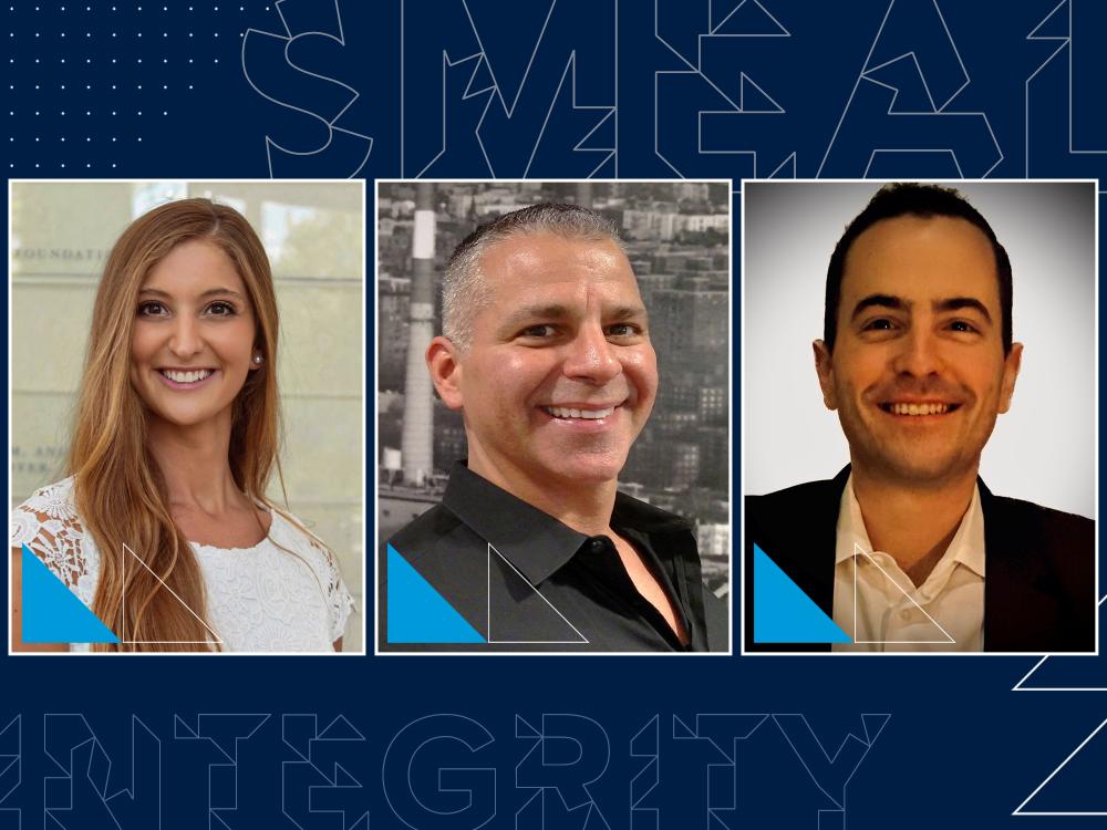 A graphic reading Smeal on the top and Integrity below three photos featuring, from left to right, a woman and two men.