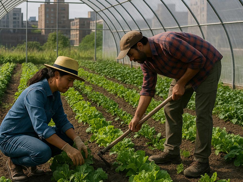 Two people tending to plants in a greenhouse. Skyscrapers are visible in the background.