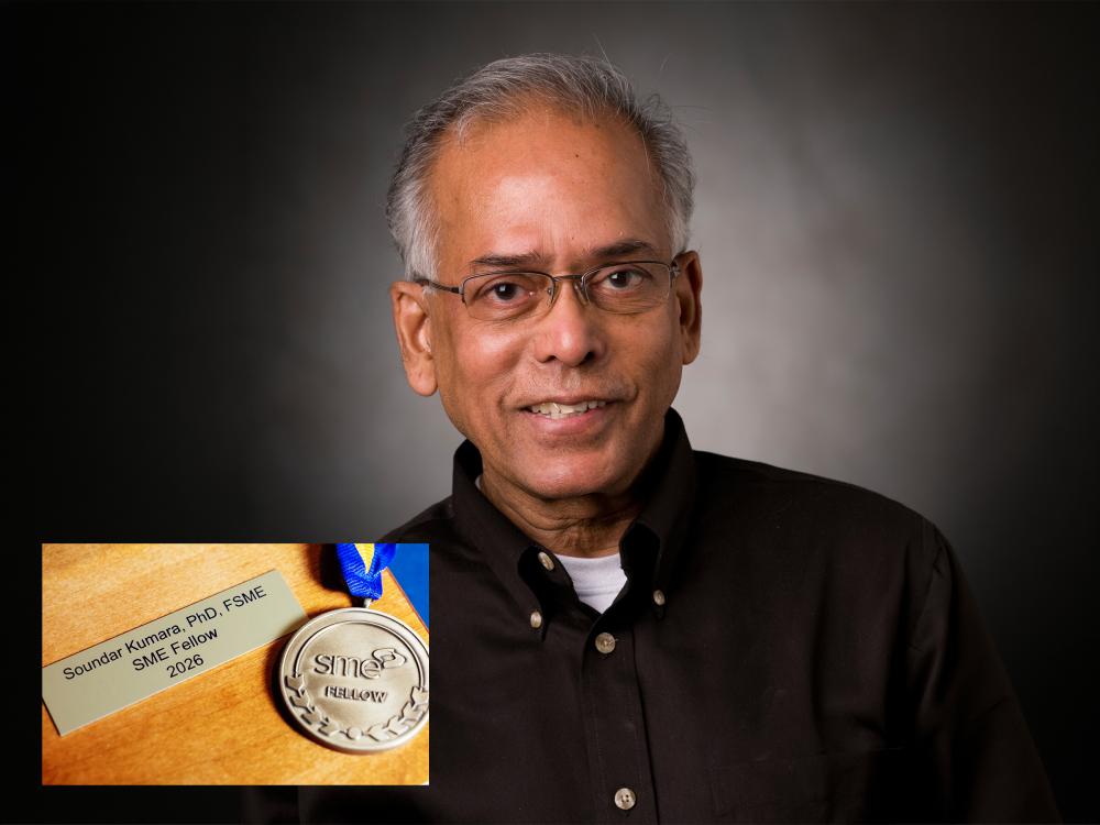 The Allen E. and Allen M. Pearce professor of industrial engineering's name sits engraved on a plaque next to Kumara's Society of Manufacturing Engineering 2026 fellow medal.