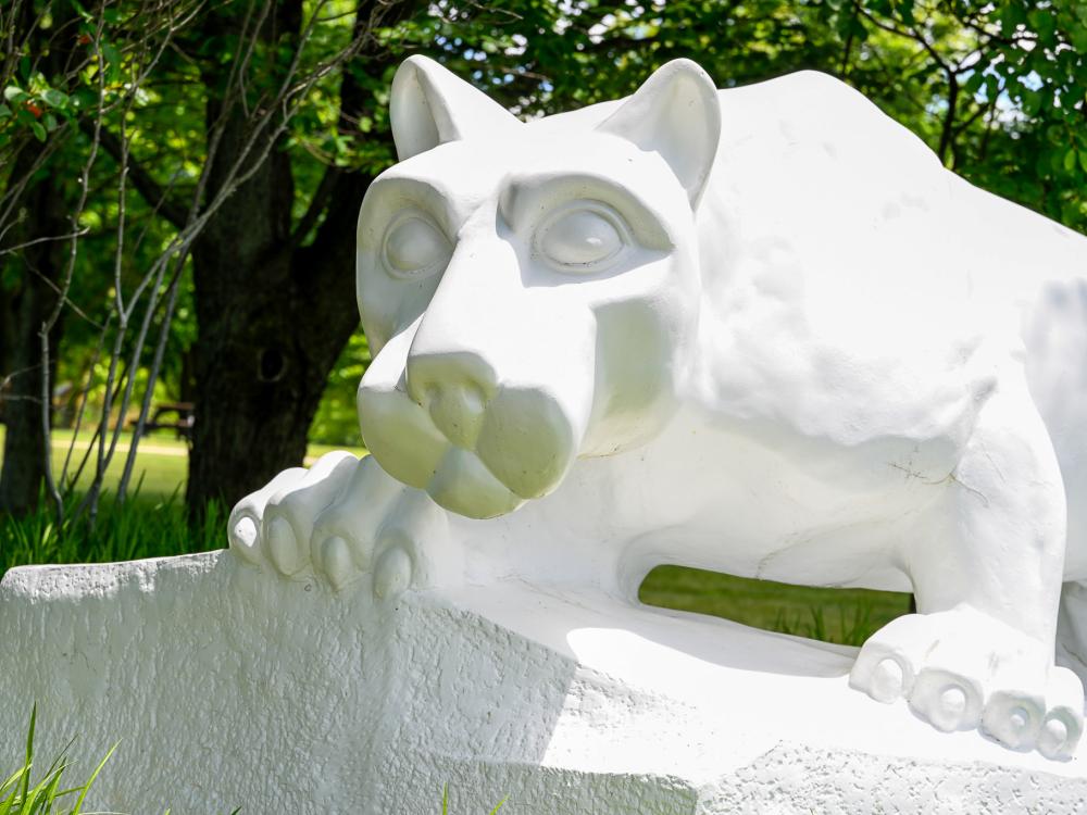 An up-close photo of the Nittany Lion shrine on a sunny day