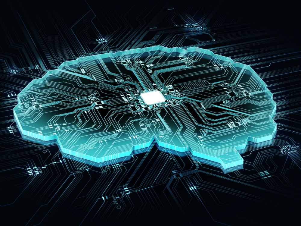Human brain technology drawing in blue.