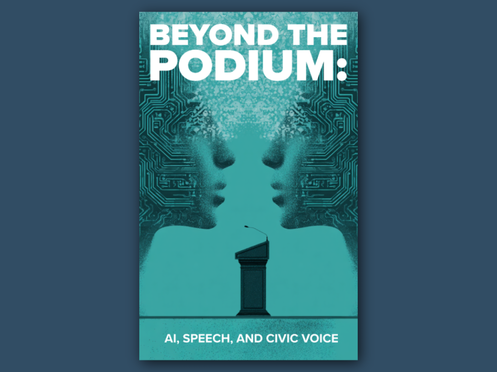 book cover of two opposing faces in profile patterned with digital chip circuitry, speaker podium centered below their chins