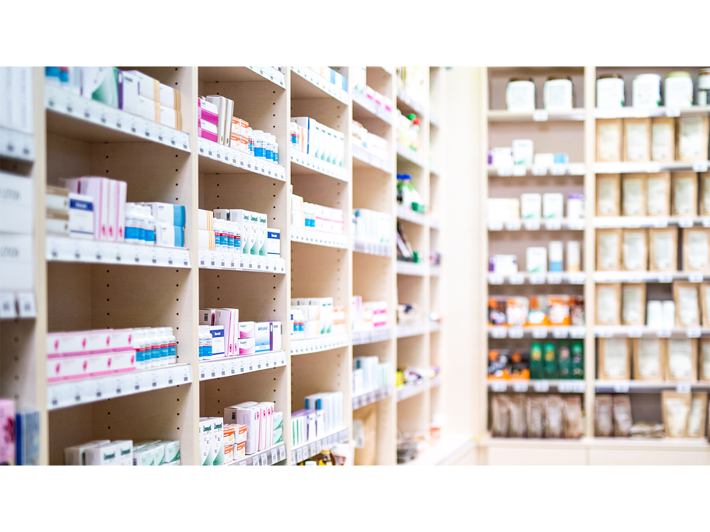 pharmacy storage room stocked with medications