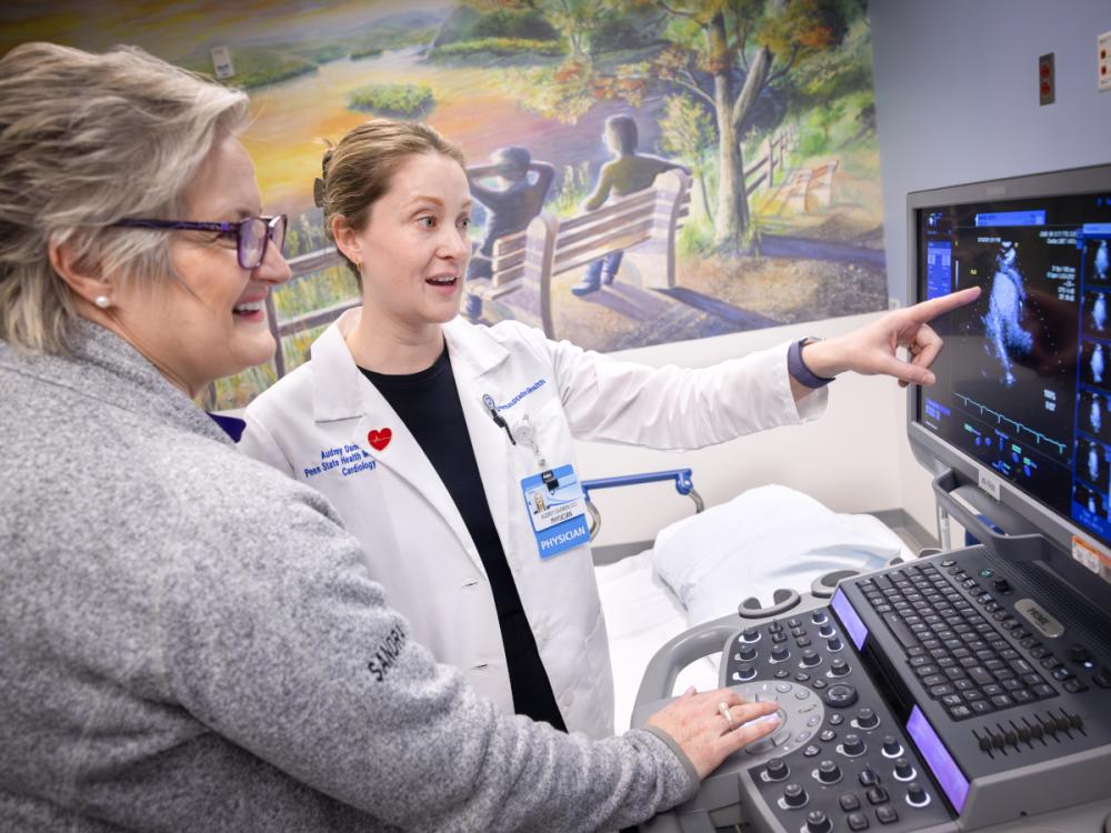 A doctor wearing a physician’s coat points to a computer screen with an ultrasound image on it. Another clinical staff member looks on. A wall in the near background has a mural of two people sitting on a bench looking out over a body of water.