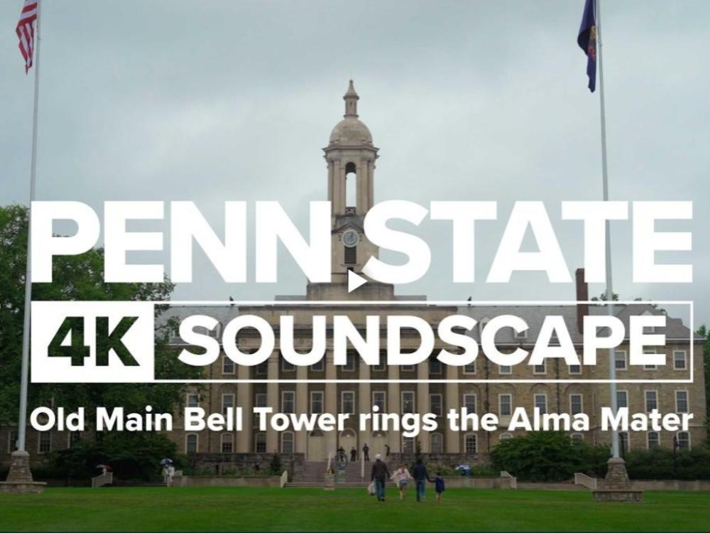 A screenshot of a video featuring the Penn State alma mater playing on the Old Main bell tower chimes
