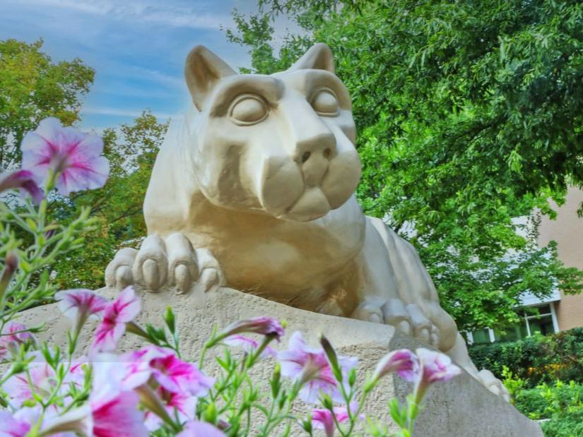 Lion shrine with flowers around it