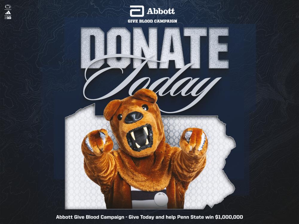 The Nittany Lion mascot on a graphic background that reads "Donate Today"