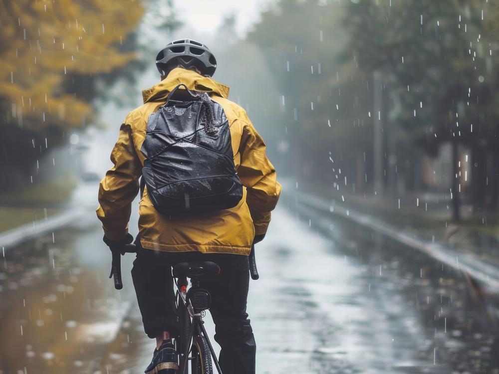 Student biking in wet weather