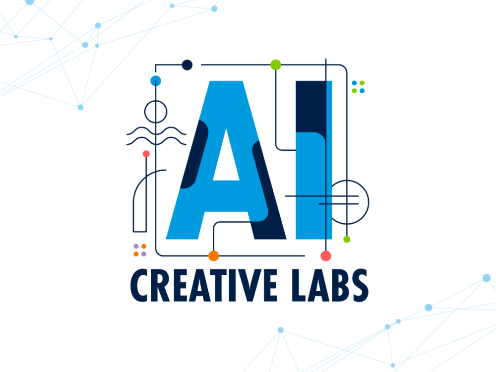 AI Creative Labs graphic featuring large stylized “AI” letters surrounded by colorful lines, dots, waves and geometric shapes.