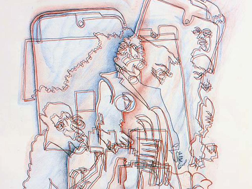 Abstract blue and red line drawing of overlapping faces, figures, and geometric shapes.