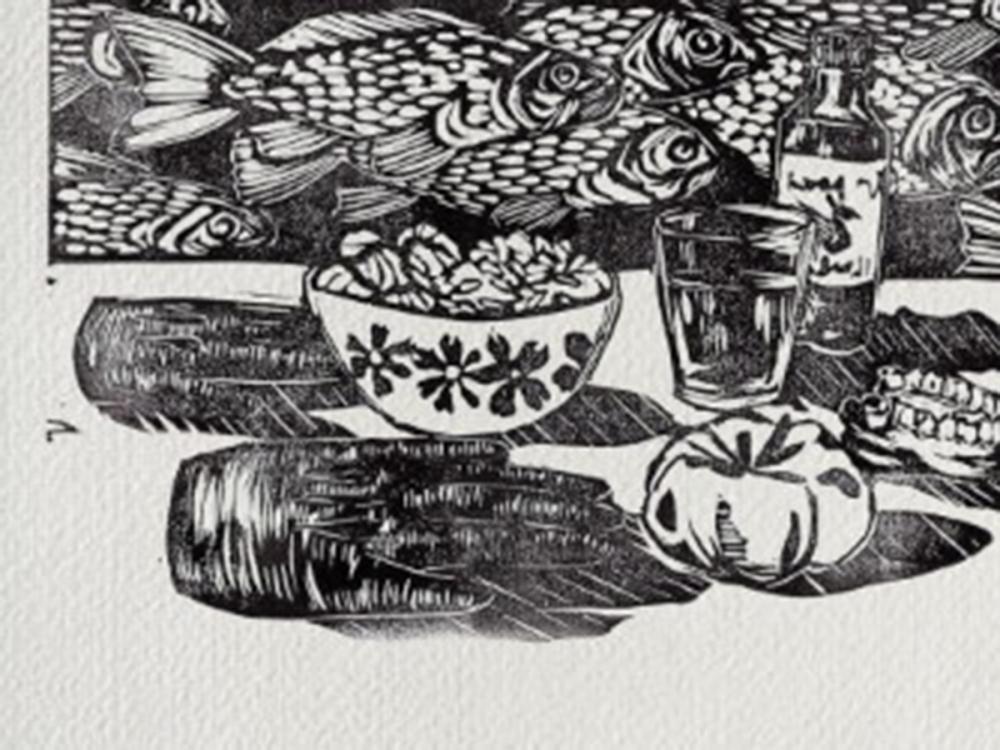 Black-and-white illustration of a meal with fish, a bowl, glasses, a bottle, bread, and an apple.