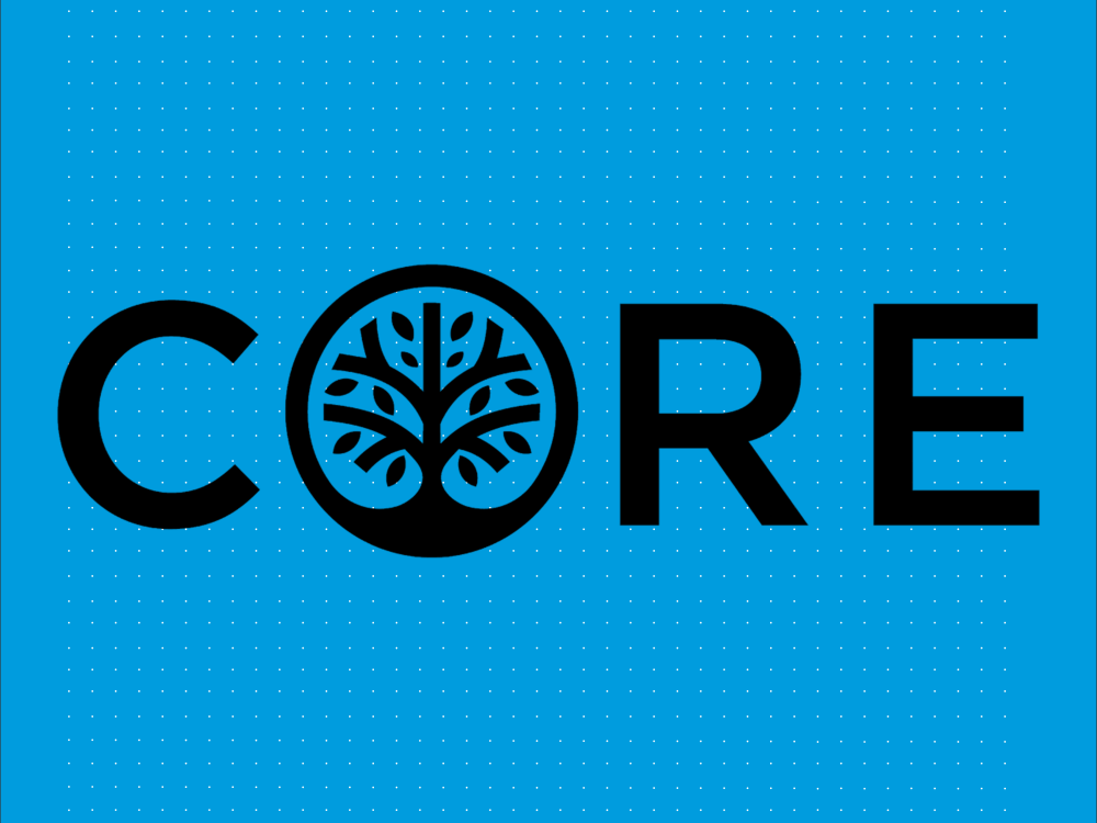 CORE logo: the word 'CORE' in bold black letters, with the 'O' stylized as a circle containing a black-and-white tree icon with branching roots and leaves.