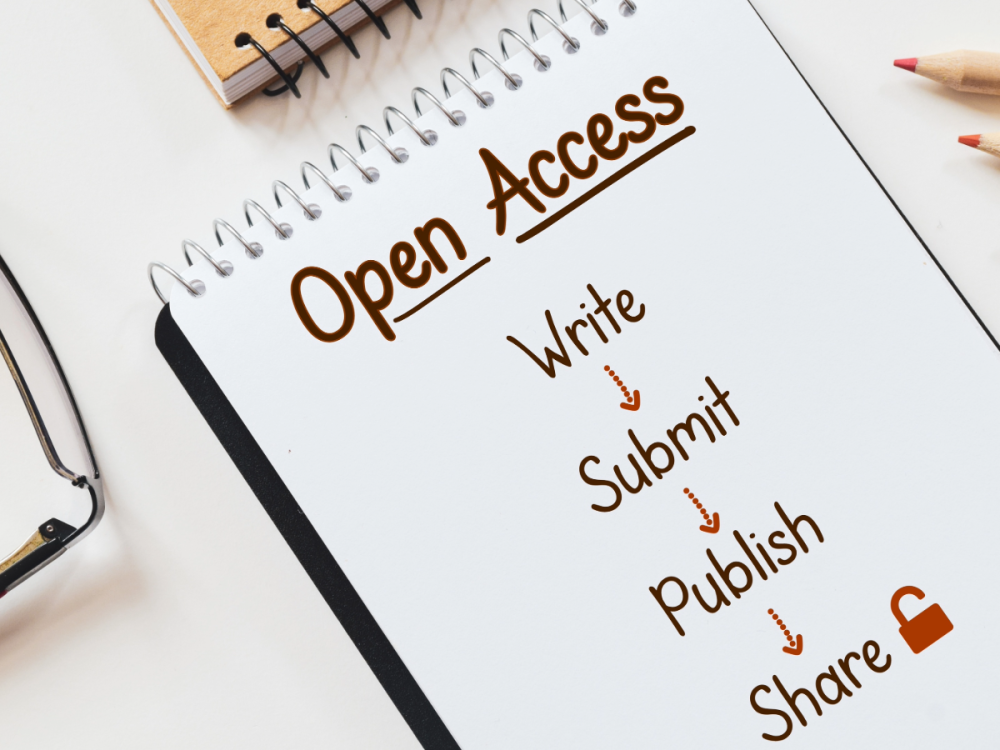 table with pencil and notepad with written steps to open access write submit publish share and drawn open lock