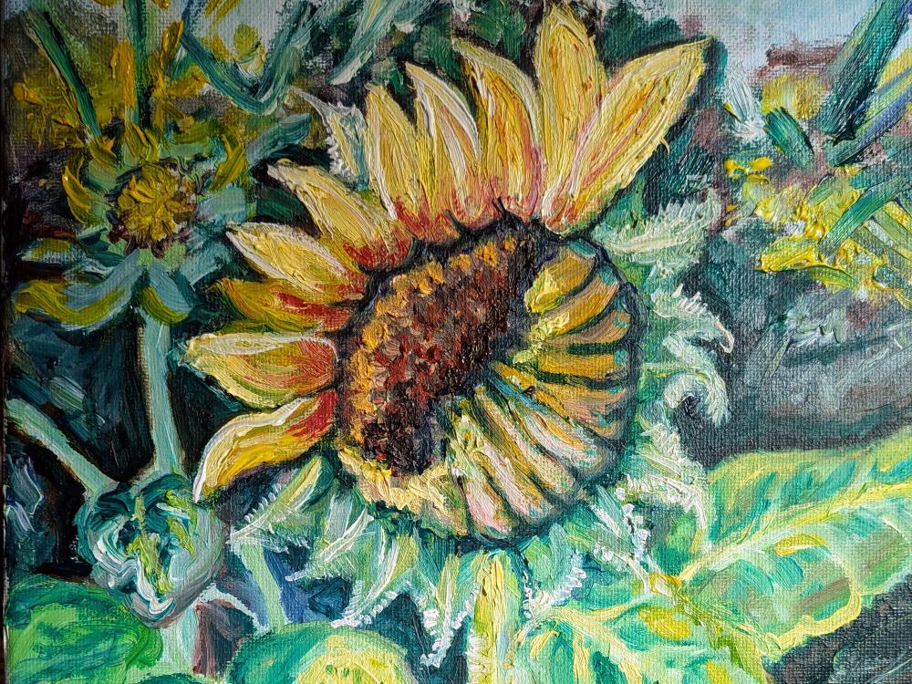 A painting of a colorful sunflower by Elena Yakhnina