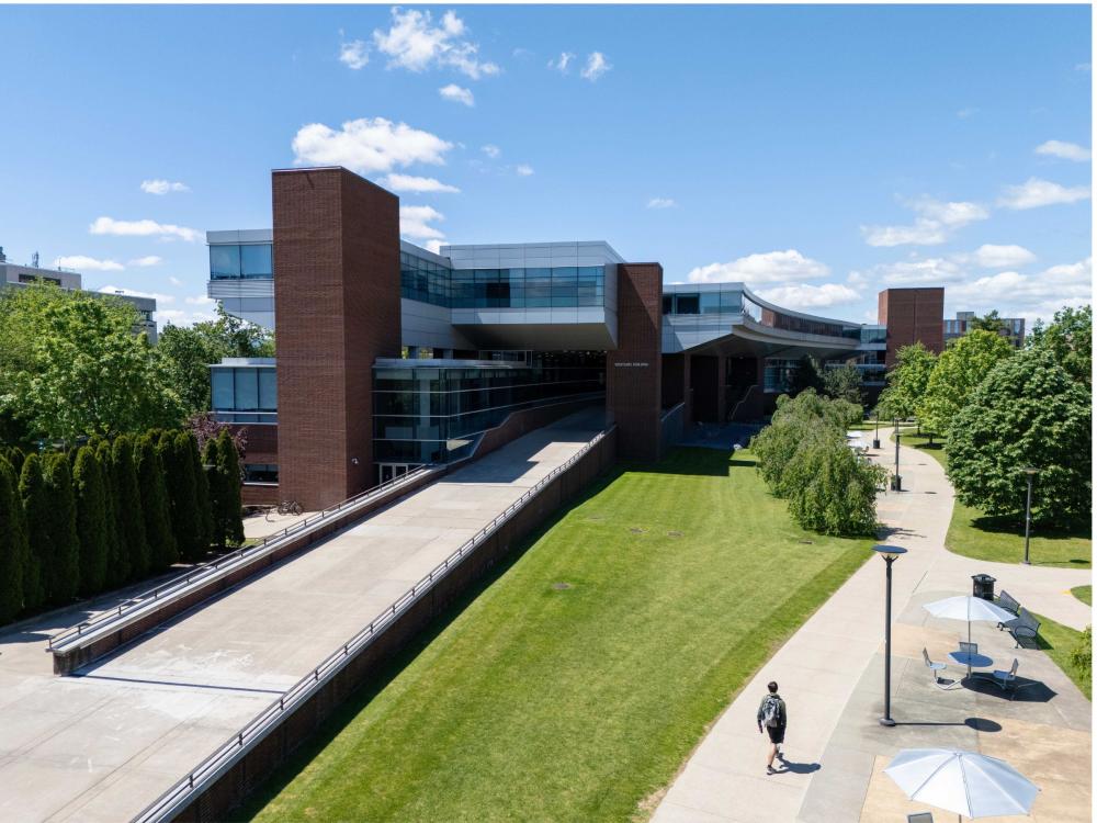 Drone shot of Westgate Building at Penn State