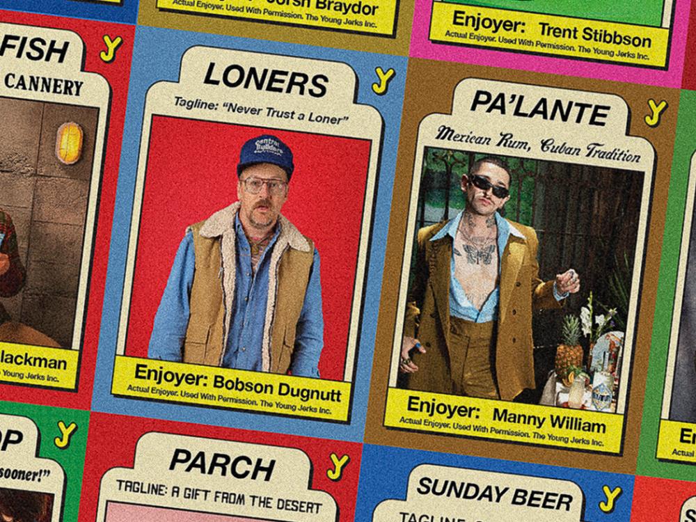 Close-up of colorful parody trading cards arranged in a grid, featuring stylized portraits and humorous titles such as “LONERS” and “PA’LANTE,” with bold retro graphics and mock character descriptions.
