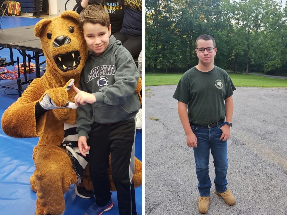 Side-by-side photos show Taiven at two stages of his journey. In the left image, he poses with the Penn State Nittany Lion mascot at THON. In the right image, he stands outdoors wearing a York County School of Technology landscaping program T-shirt, jeans and work boots.